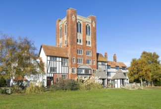 Westbar, gatehouse and water tank in planned holiday village, Thorpeness, Suffolk, England, UK