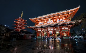 Illuminated five-story pagoda and main hall of Asakusa Shrine or Senso-ji Temple, at night,