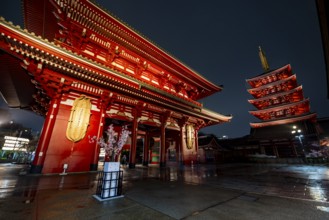 Illuminated five-story pagoda and Hozomon treasure chamber gate of Asakusa Shrine or Senso-ji