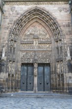 Relief over the entrance portal, west façade, St. Lorenz church, Gothic, old town, Nuremberg,
