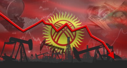 Fall oil price with Kyrgyzstan flag on economic chart. Petrol crisis with Kyrgyz flag on financial