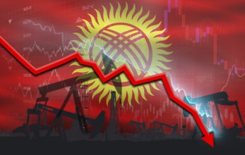 Crude crisis with Kyrgyz flag on financial graph. Fall oil price with flag of Kyrgyzstan on