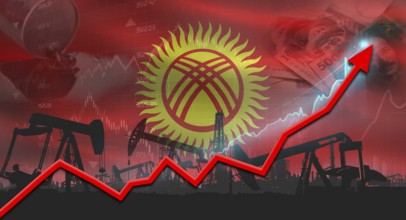 Growth of oil industry with Kyrgyz flag. Oil pumps with Kyrgyz flag. Oil production with Kyrgyzstan