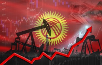 Oil production with Kyrgyzstan flag, petrol industry. Oil pumps with Kyrgyz flag