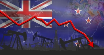 Fall oil price with New Zealand flag on economic chart. Petrol crisis with New Zealand flag on