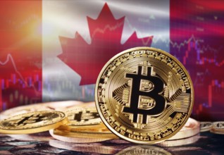 Bitcoin with Canada flag in the background. Investors in cryptocurrency and Blockchain Technology