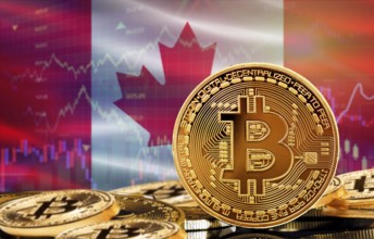 Investors in cryptocurrency and Blockchain Technology in Canada, Concept. Bitcoin with Canada flag