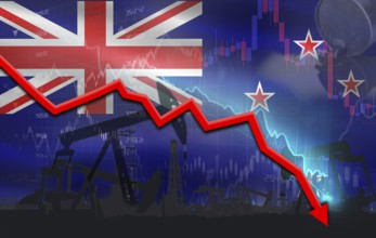 Crude crisis with New Zealander flag on financial graph. Fall oil price with flag of New Zealand on