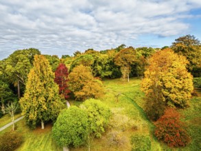 Autumn colours over Bodnant House and Garden from a drone, Conwy River, Colwyn Bay, Conwy, Wales,