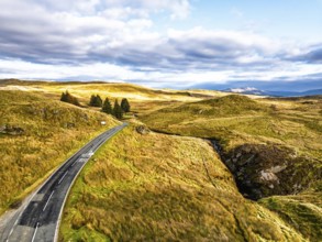 Cwm Cynfal Waterfalls on River Afon Cynfal from a drone, Llan Ffestiniog, Road B4391, Gwynedd,