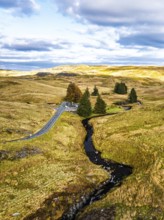 Cwm Cynfal Waterfalls on River Afon Cynfal from a drone, Llan Ffestiniog, Road B4391, Gwynedd,