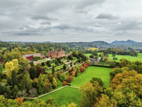 Autumn colours over Powis Castle and Garden from drone, Welshpool, Powys, Wales, England, United