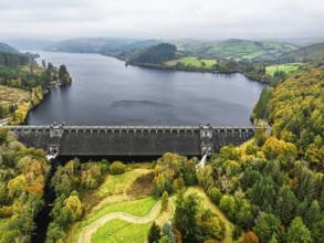 Llyn Brianne Dam and Reservoir from a drone, Lake Vyrnwy, Powys, Wales, England, United Kingdom