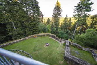 View from above of a green lawn with benches surrounded by a thick forest at sunset, Mandelberg