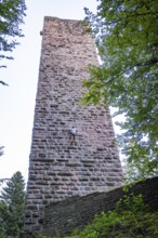 A climber climbs a tall stone tower surrounded by trees in a bold challenge, Mandelberg Castle
