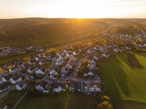 Village in the warm light of sunset, surrounded by countryside, Deufringen, Aidlingen, Böblingen