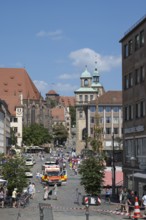 Emergency vehicle in the pedestrian zone, Königstraße, Hauptmarkt, Schöner Brunnen, Town Hall, Old