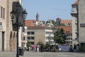 Pedestrian zone, Königstraße, Nuremberg Castle in the back, Kaiserburg, Old Town, Nuremberg, Middle