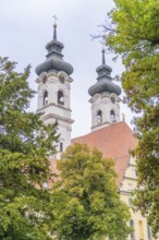 Two decorative church towers rise above a red roof surrounded by green trees, ZFP Zwiefalten,