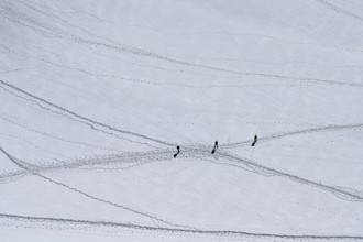 A group of mountaineers runs across a snow-covered mountain, Aiguille du Midi, Chamonix-Mont-Blanc,