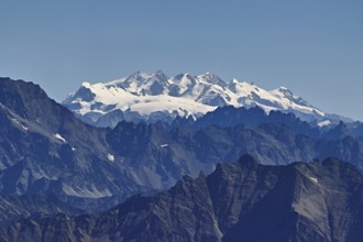 View of the Swiss Alps with the snow-capped Monte Rosa Mountains, Pointe Helbronner viewing