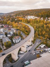 Aerial view of a small town with a viaduct surrounded by forests in autumn colors, Nagold, Black