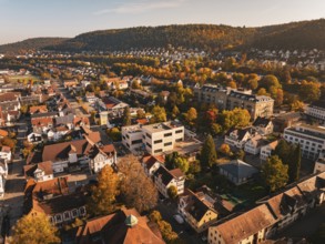Aerial view of a city with colorful autumn leaves, Nagold, Black Forest, Germany