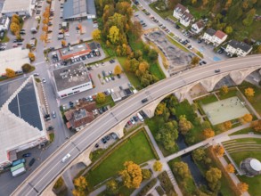 Aerial view of an urban area with a bridge and autumn colors, Nagold, Black Forest, Germany