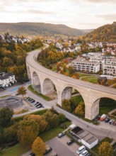 Close-up of a bridge in an autumn urban landscape, Nagold, Black Forest, Germany