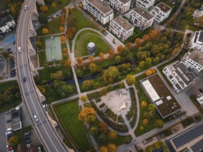 Overview of an urban landscape with parks and colorful autumn trees, Nagold, Black Forest, Germany