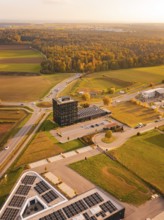 Aerial view of rural area in autumn with forests and fields, Nagold, Black Forest, Germany