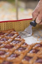 Hand cut a piece of raspberry pastry with a scraper on a tray, Streuobstmarkt, Sindelfingen,