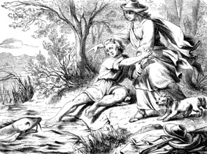 Tobias catches a strange fish in the Tigris, Oh Lord, he wants to eat me, The book of Tobias,