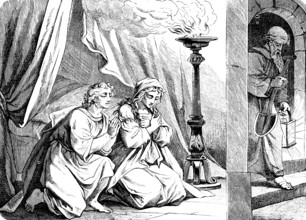 Young Tobias receives Sarah as wife, The Book of Tobias, chapter 7, bed, curtain, prayer, oil lamp,