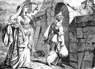 Judith arrives at the gate of Jerusalem with her maid, in the bag the head of Holofernes, The Book