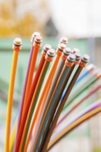 Bundle of colorful fiber optic cable against a blurred background, optical fiber