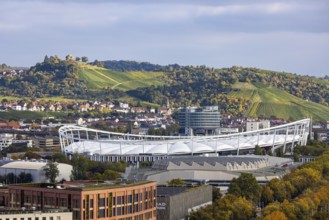 Neckarpark Stuttgart with Hanns-Martin-Schleyer-Hall and MHP Arena. In the center of the picture,