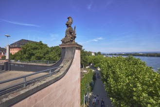 Bridgehead, Rhine river, bridge railings, trees, footpath, pedestrians as secondary motif, blue