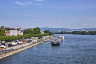 Rhine river, sightseeing boat, shore, sales vehicle, general architecture, trees, blue sky,
