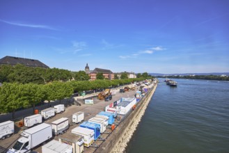 Rhine river, riverbank, sightseeing boat, sales vehicle, general architecture, trees, blue sky,