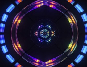 Abstract background of slightly unfocused multicolored glass lenses spinning and rotating,