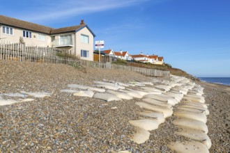 For Sale estate agent signs outside houses at risk of coastal erosion, Thorpeness, Suffolk, North