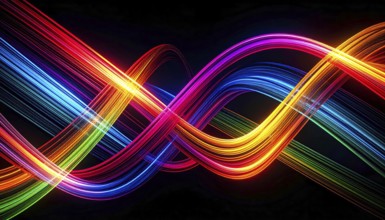 Abstract digital art featuring vibrant, intersecting neon lines creating a geometric pattern,