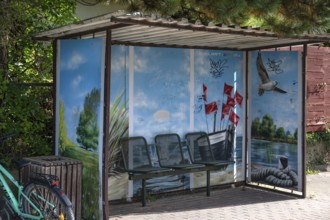 Bus stop painted with a Baltic Sea motif, Wieck a. Darß, Baltic Sea, Mecklenburg-Western Pomerania,