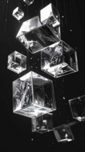 Abstract animation, glass cubes on black background, modern business wallpaper illustration, AI