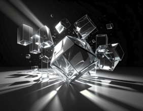 Abstract animation, glass cubes on black background, modern business wallpaper illustration, AI