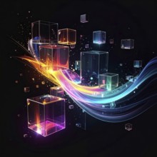 Abstract animation, glass cubes on black background, modern business wallpaper illustration, AI