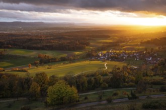Sunset — dramatic autumn atmosphere at Hohenstaufen, Spielburg Nature Reserve, Göppingen,