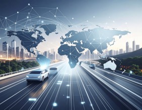 Abstract visualization of global rare earth supply network feeding EV industry, world map design,