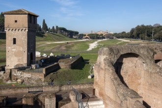 View of location from in the foreground ruins of former stands around south bend of on Circus